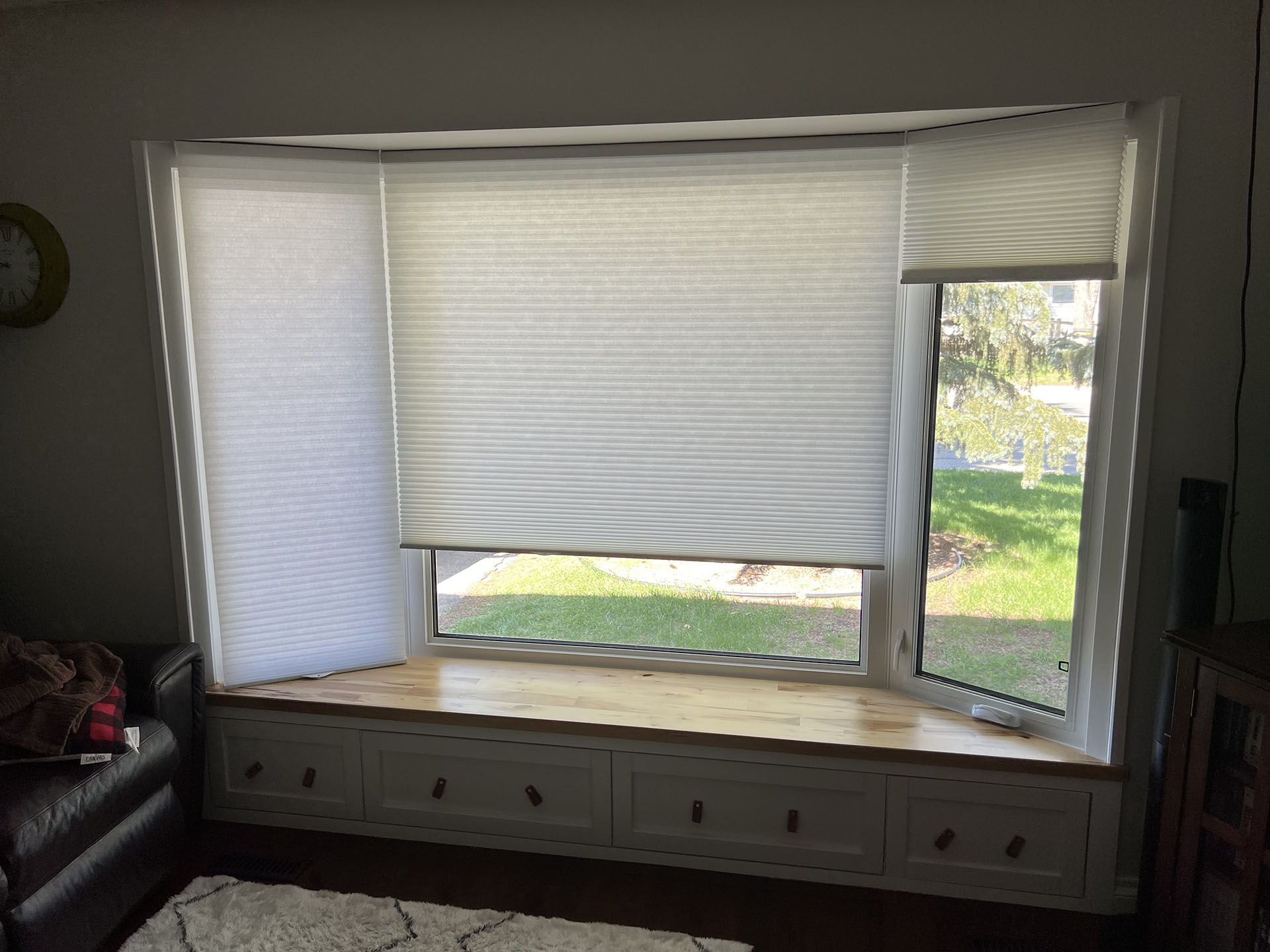 Bay Window Bench with Light-Filtering Cellular Shades