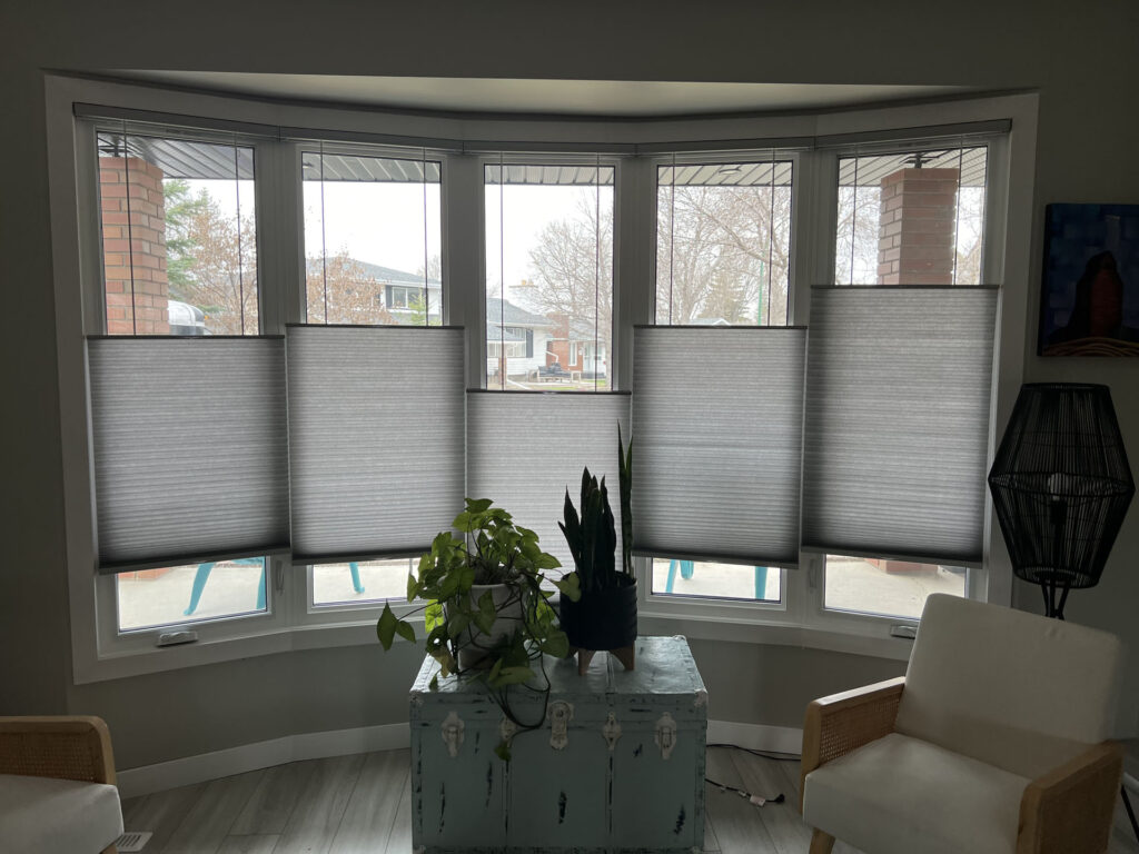 Bay Window with Adjustable Grey Cellular Shades in Living Room