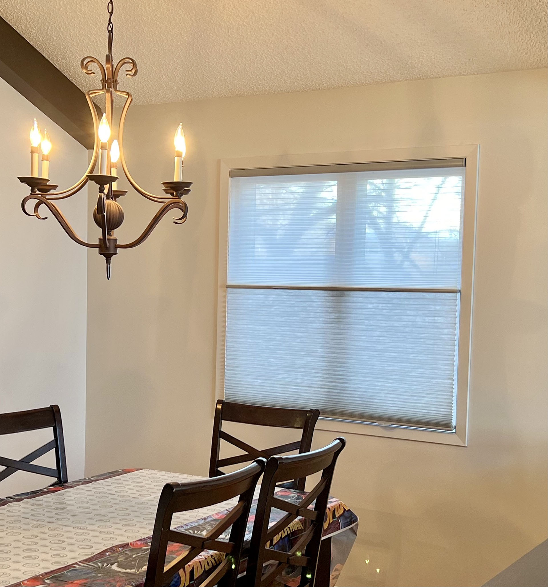 Dining Room Window with Dual-Sheer Cellular Shade Under Chandelier
