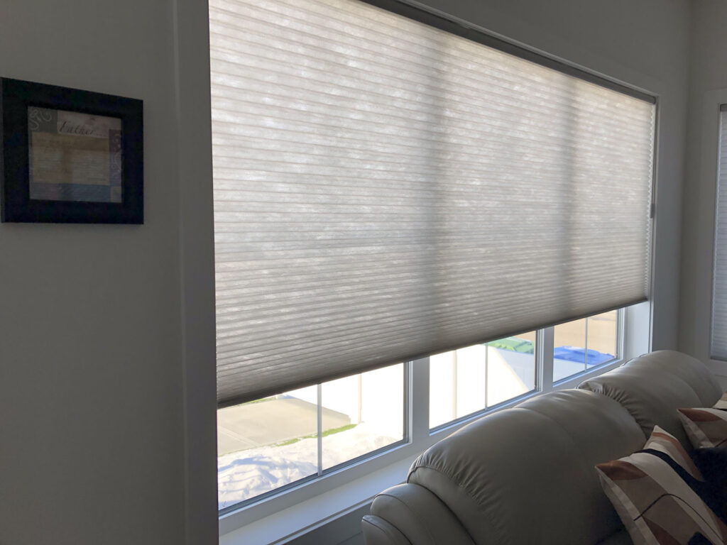 Light-Filtering Cellular Shade Over Large Window Behind Sofa