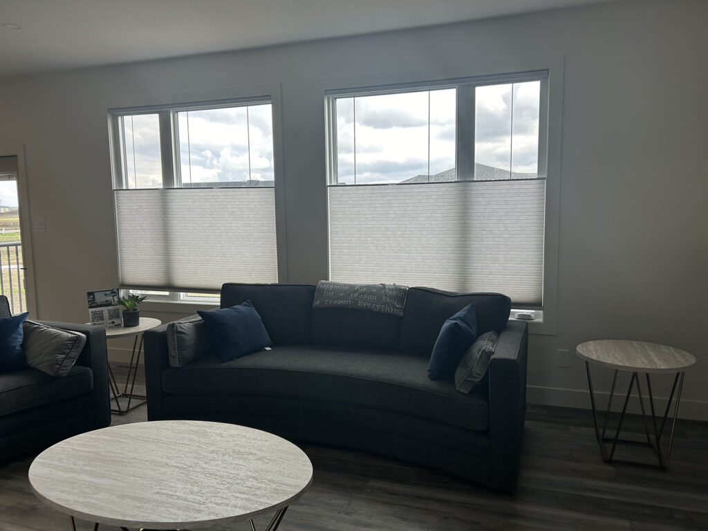 Living Room Windows in New Build Home with Top-Down Cellular Shades