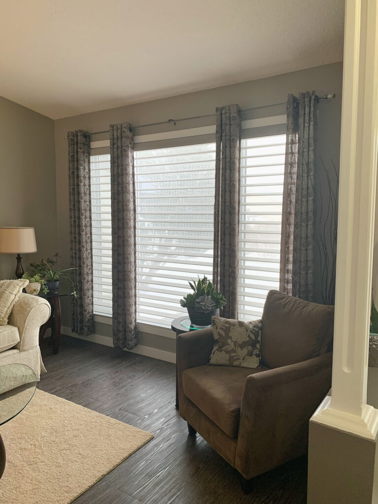 Living Room Windows with Sheer Shades and Patterned Drapes