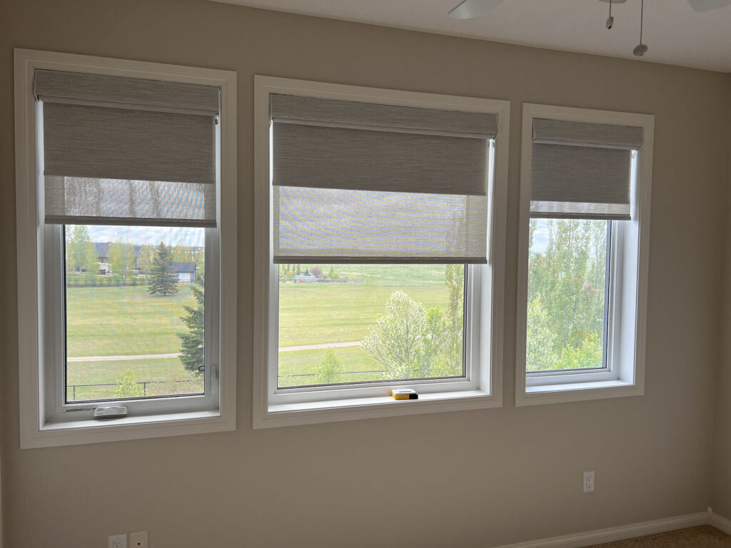 Three Windows with Dual Roller Shades Overlooking Greenery